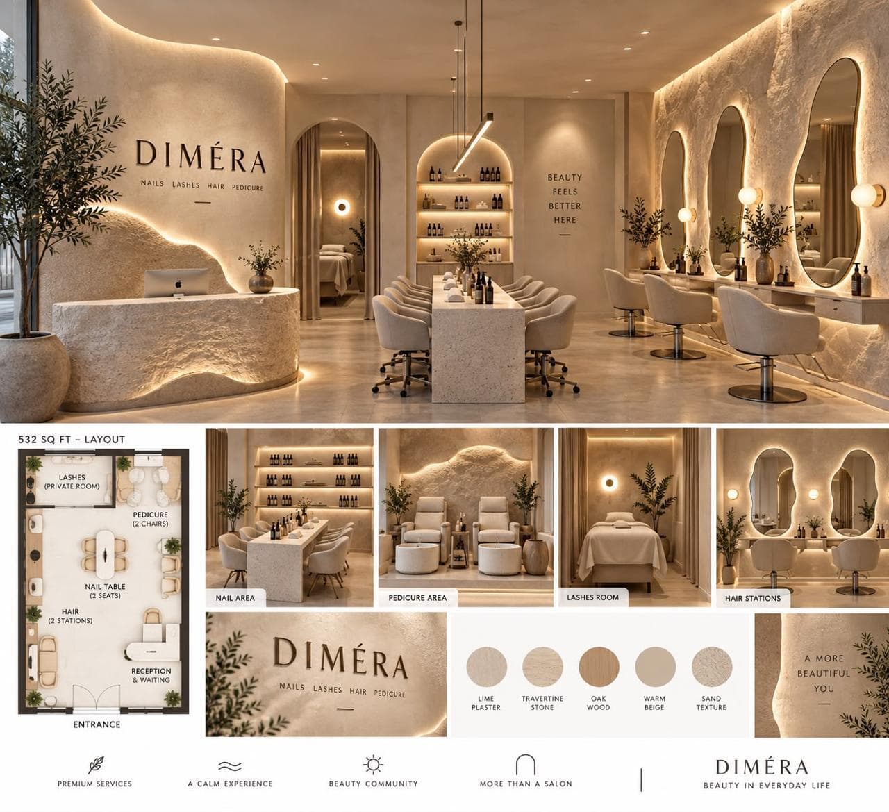 Dimera shop interior with the reception desk and Dimera name on the wall