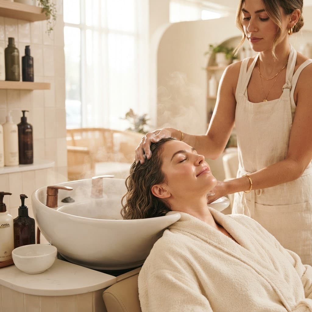 A softly lit salon setting